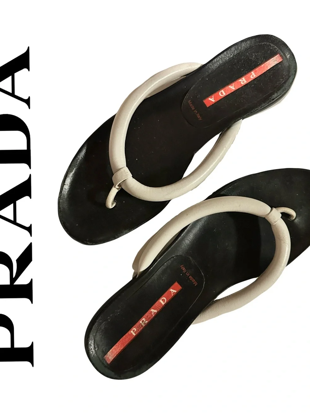 Prada Black Footbed Sandals with Cream Tubular Straps flip flops Sz 8